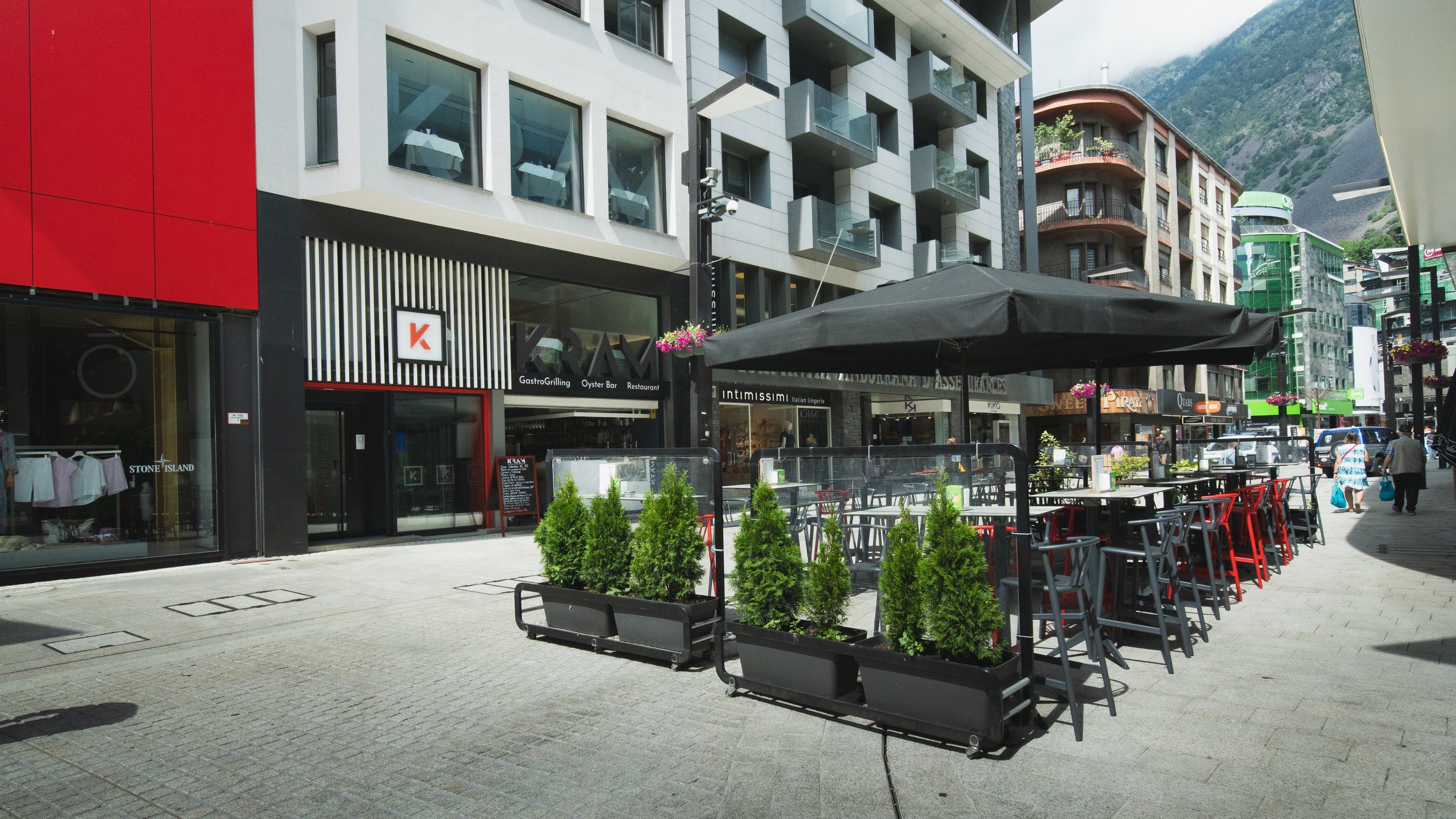 The KRAM façade and terrace on Av. Meritxell in Andorra la Vella